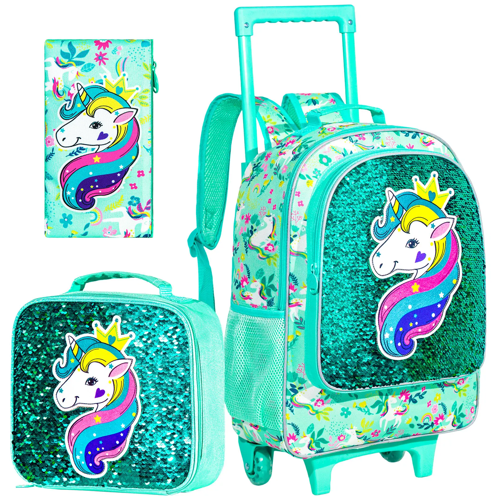 Sac à roulettes pour filles, sac à dos à roulettes pour enfants - Sac d'école à roulettes pour l'école primaire - 3 pièces Licorne