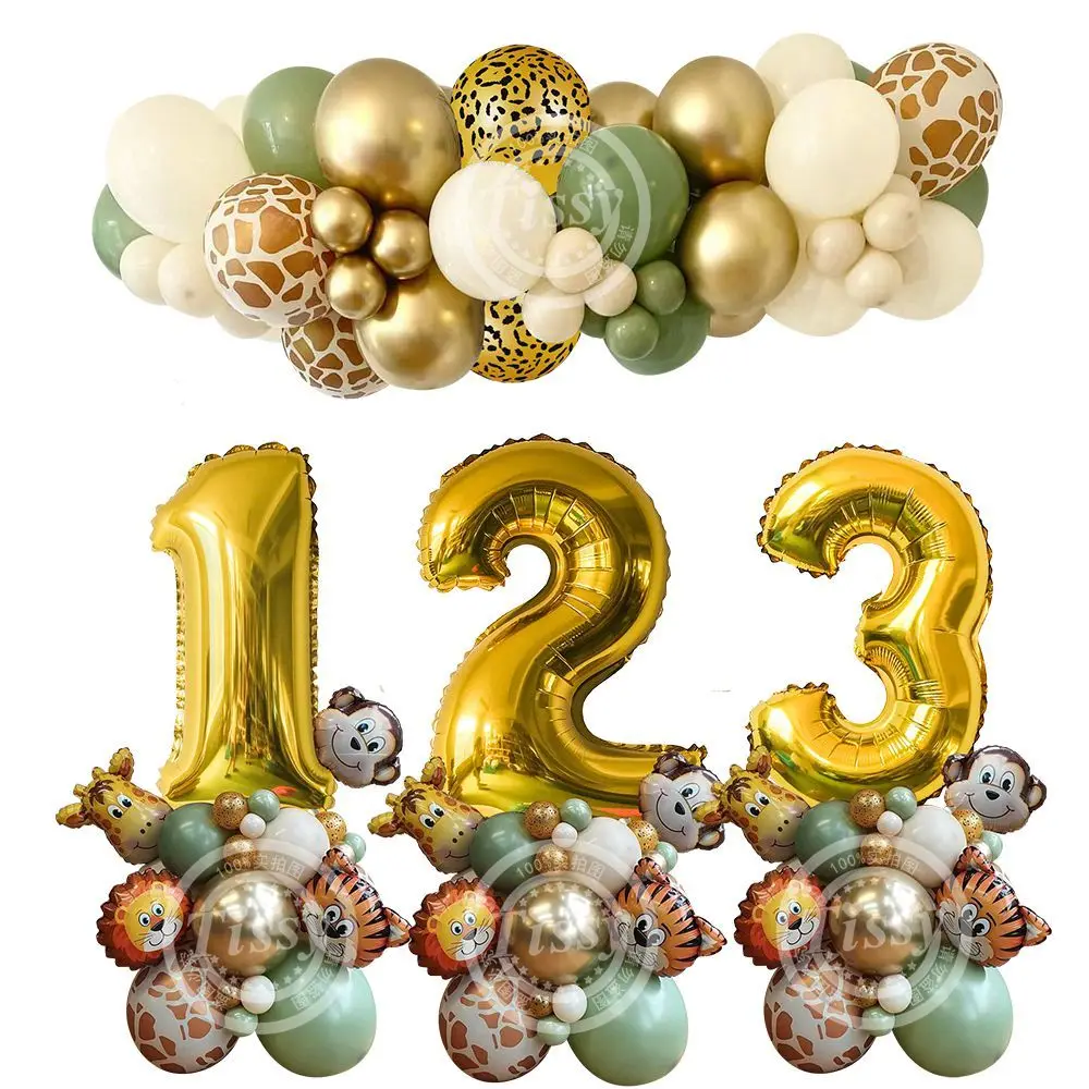 1 Satz Wildtier-Ballonturm mit goldenem Zahlenballon für Kinder, Jungle-Safari-Geburtstagsparty-Dekoration, Wald, wilde Party