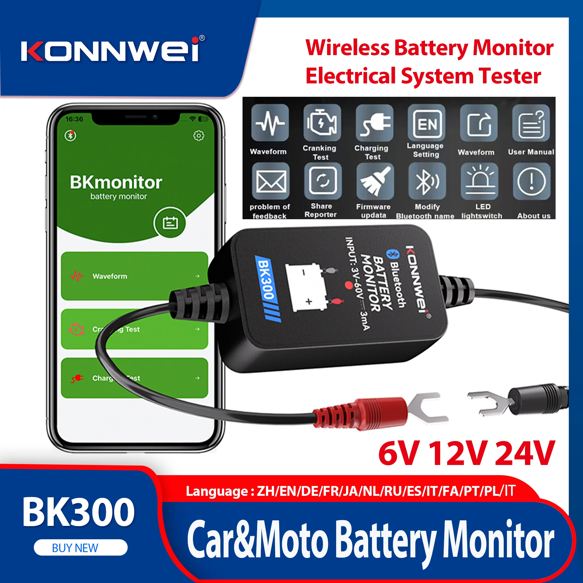 Neue KONNWEI BK300 Auto Batterie Monitor Werkzeuge Drahtlose Bluetooth 5,0 Batterie Gesundheit Überwachung Batterie Tester Werkzeuge für Android IOS Image