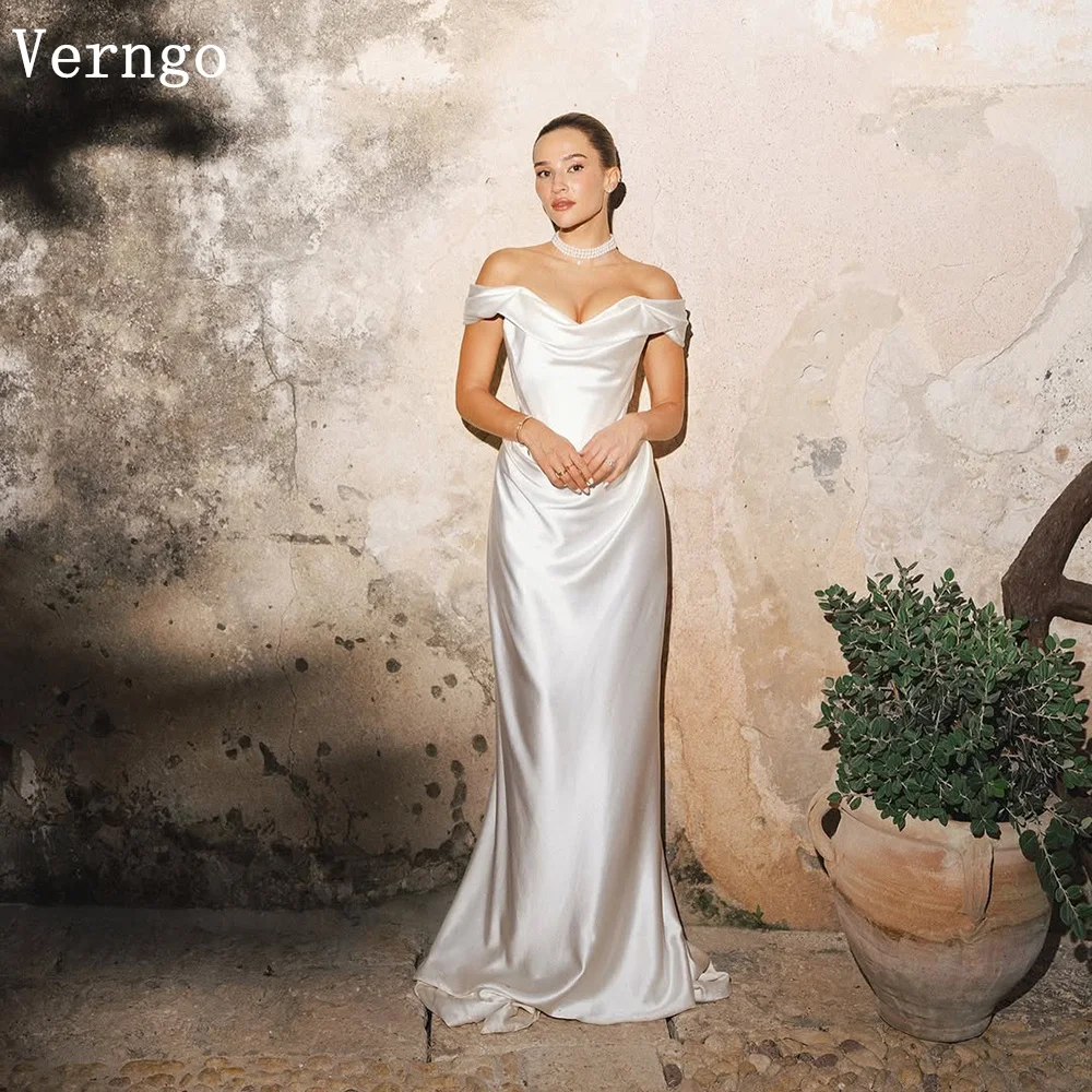 Verngo elfenbeinfarbenes Satin-Hochzeitskleid aus der Schulter, Meerjungfrau-Brautkleid für Damen, elegantes, edles Abschlussball-Brautkleid, individuell gestaltet Image