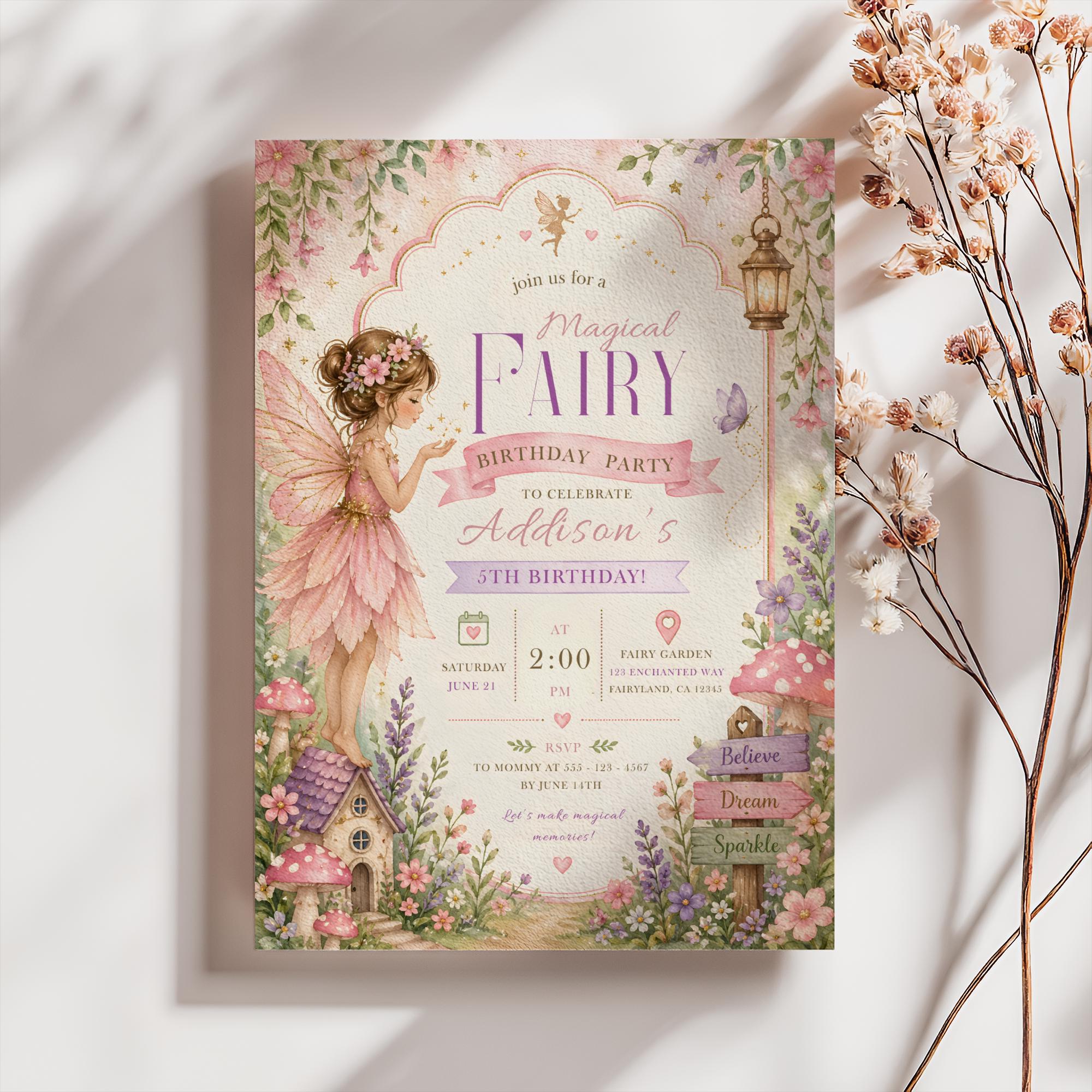 Fee-Geburtstags-Einladungsvorlage, Verzauberte Fee-Garten-Party einladen, Bearbeitbare Mädchen-Geburtstags-Einladung, Storybook-Fee-Geburtstag