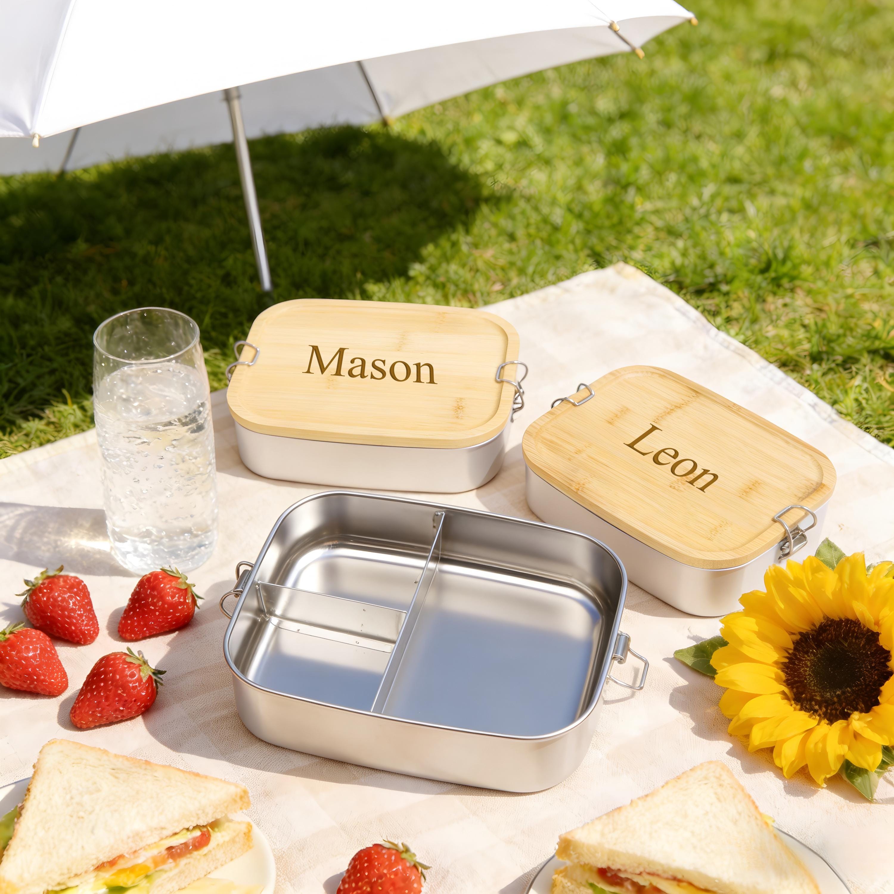 Lunch box in acciaio inossidabile con nome inciso personalizzato, Bento box riutilizzabile diviso, Lunch box in bambù personalizzato per lei e per lui