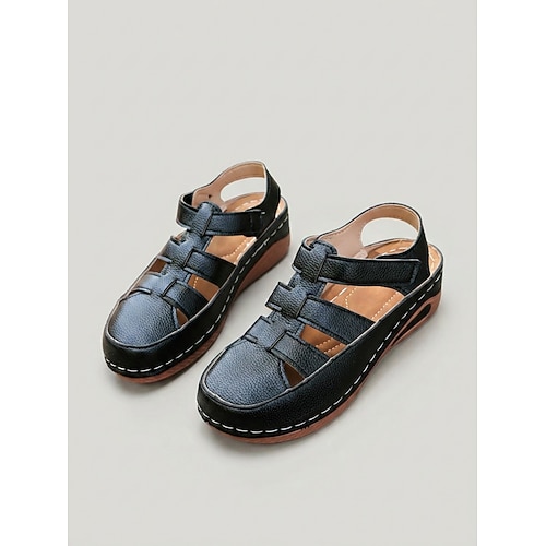 Dunkelrote, geschlossene Damensandalen – bequeme Freizeitschuhe mit gewebtem Cut-out-Design, atmungsaktive Sommersandalen mit Klettverschluss für Alltag und Reisen gehen Image