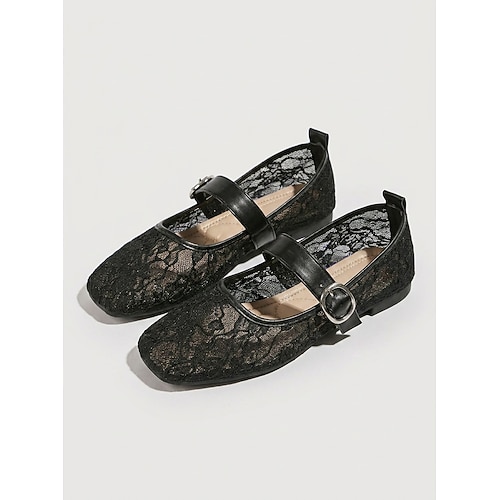 Schwarze Mary-Jane-Ballerinas aus Spitze für Damen – atmungsaktive Mesh-Schuhe mit Blumenstickerei Schnallenarmband für Inselurlaube, Abendessen am Meer romantische Sommerreise Image