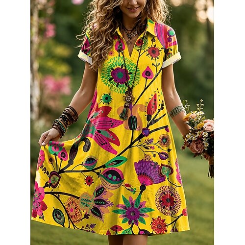 Damen Knielanges Kleid A Linie Kleid Urlaub Lässig Boho Strand Lässiger Schnitt Grafik Paisley-Muster Kurzarm V Ausschnitt Revers Blau Gelb Sommer Frühling Image