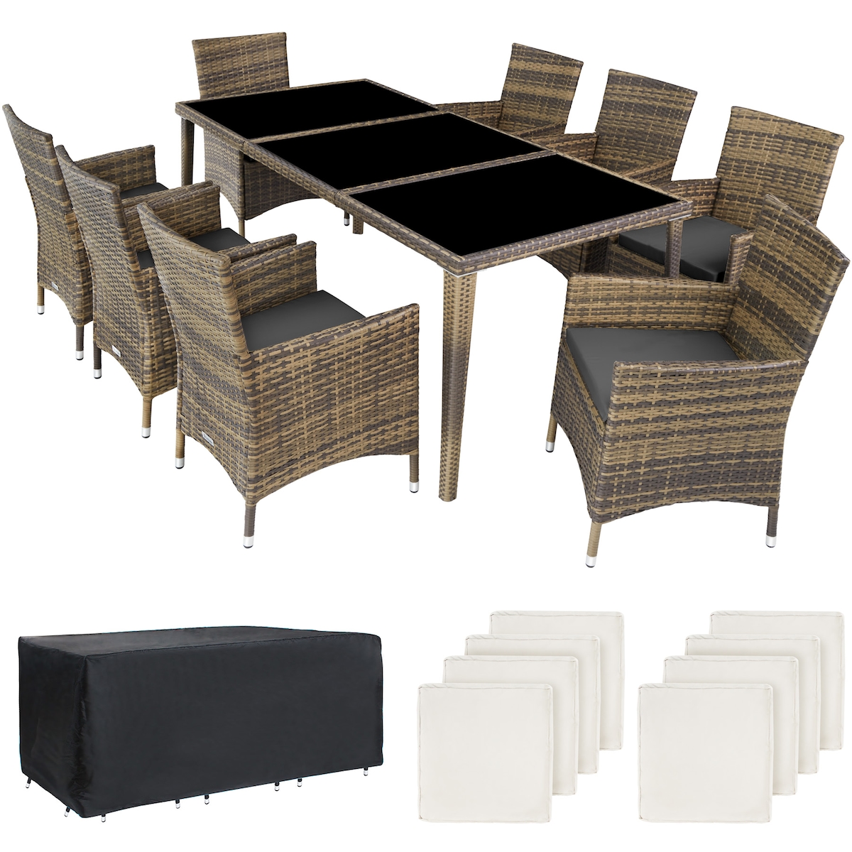 tectake Aluminium Rattan Sitzgruppe Menorca 8+1 mit Schutzhülle Natur Image