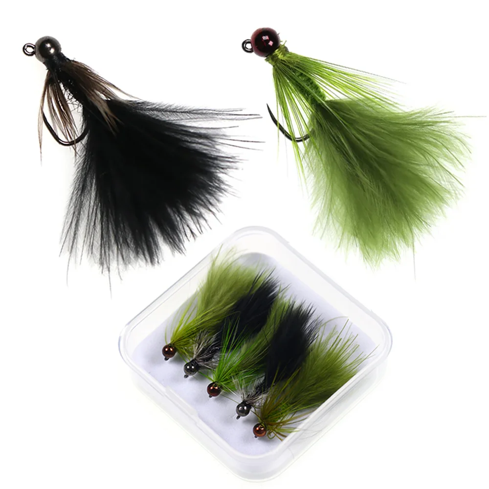 5 Stück # 12 Wolfram-Kugelkopf Woolly Bugger Widerhakenlose Jig-Nymphen-Streamer Fliegen für Forellen-, Lachs-, Hecht- und Barsch-Angeln Köder Image