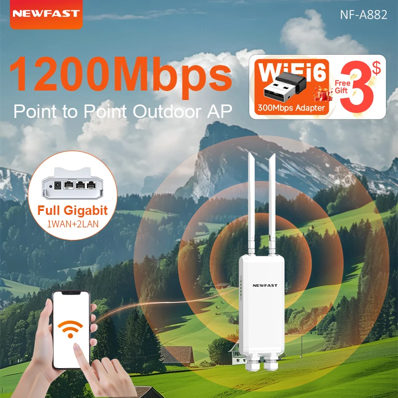NEWFAST 2,4G/5,8G Outdoor Wireless AP 1200Mbps Access Point 48V POE Wifi Router Long Range WI-FI Extender Gigabit Image
