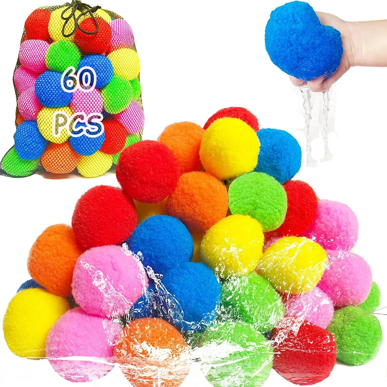 12/30/60Pcs Wasser Soaker Bälle Wiederverwendbare Schwamm Wasser Luftballons Baumwolle Splash Spielzeug für Pool Strand Sommer schwimmen Spiele Spielzeug Image