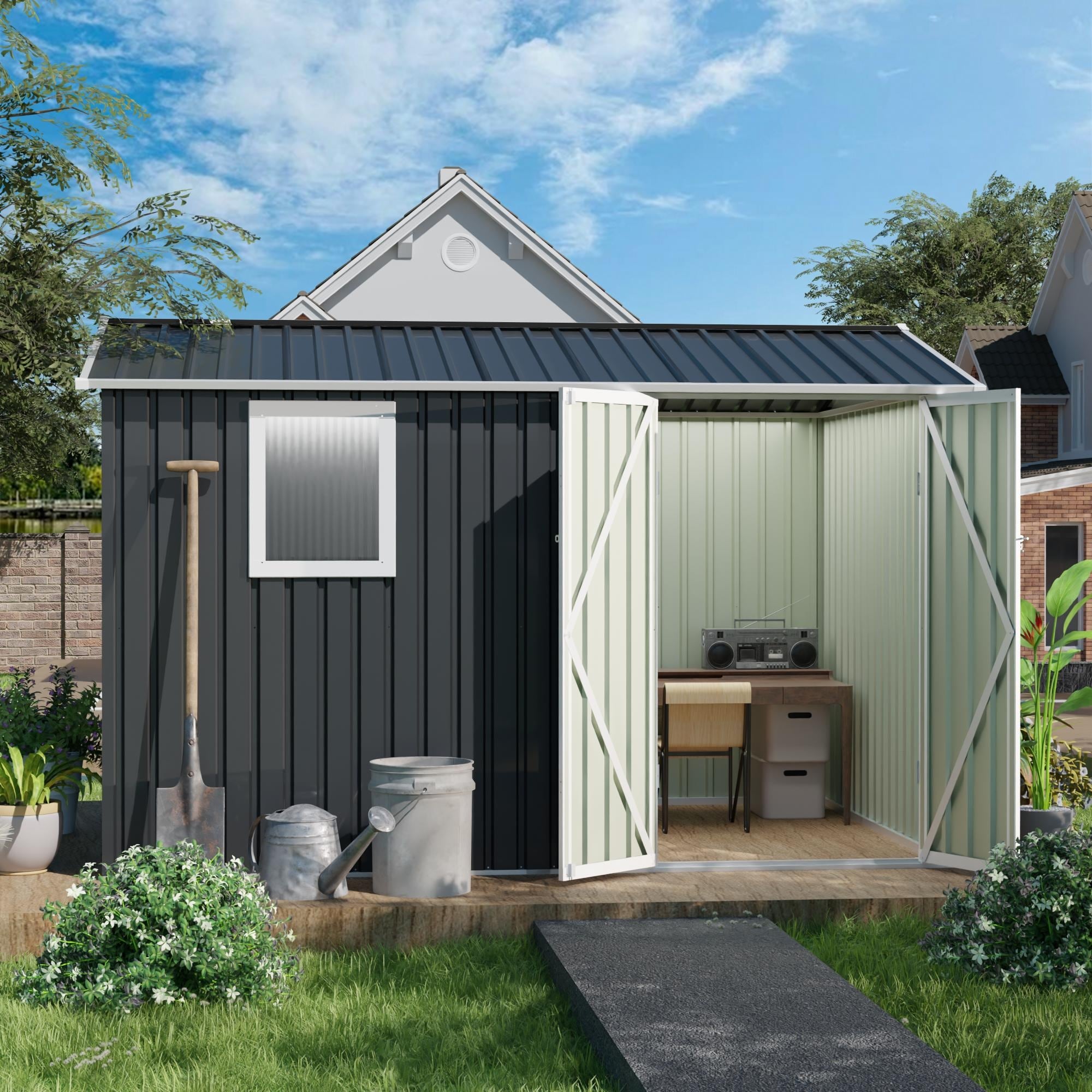 9x6 FT Metal Garden Shed for Patio Backyard Tools House Storage Shed with One Window 9.5 x 6.7FT