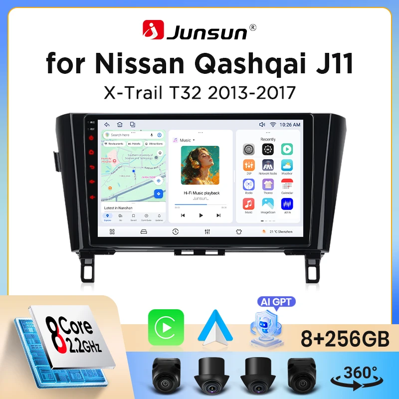 Autoradio Junsun Wireless CarPlay Android Auto per Nissan Qashqai (J11) / X-Trail (T32) 2013-2017 con ventola di raffreddamento integrata, navigatore GPS Android, lettore multimediale, WiFi, DSP, RDS,