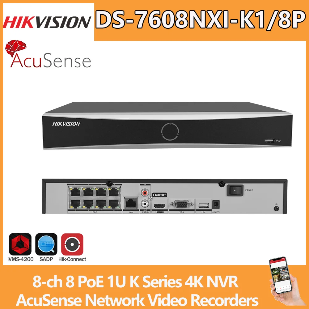 Hikvision NVR 4K 8CH DS-7608NXI-K1/8P Registratore Video di Rete con 8 Porte POE Serie K 1U 1 SATA AcuSense Riconoscimento Facciale
