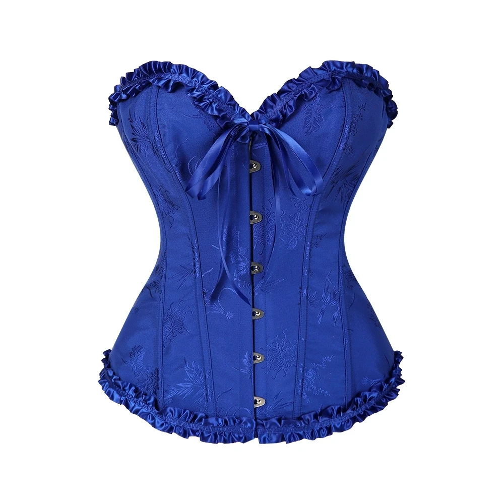 Königsblaue Bustiers und Korsetts mit Rüschen und Knochen, Gothic-Top, sexy Frau, Steampunk-Kleidung, Vintage-Korsett, viktorianische Burlesque-Kostüme