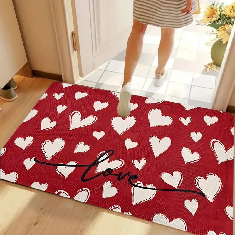Red White Heart Pattern Floor Mat Rugs Carpets Home Decoration Non Slip Washable Love Theme Door Mat Kitchen Mat Welcome Mat