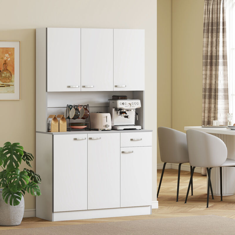 Credenza Cucina Con Armadietti, Cassetto E Piano Portamicroonde, Mobile Dispensa Stretto Con Ante E Ripiani Regolabili, Mobile Cucina Per Soggiorno, Sala Da Pranzo, 101x39x180 Cm, Bianco