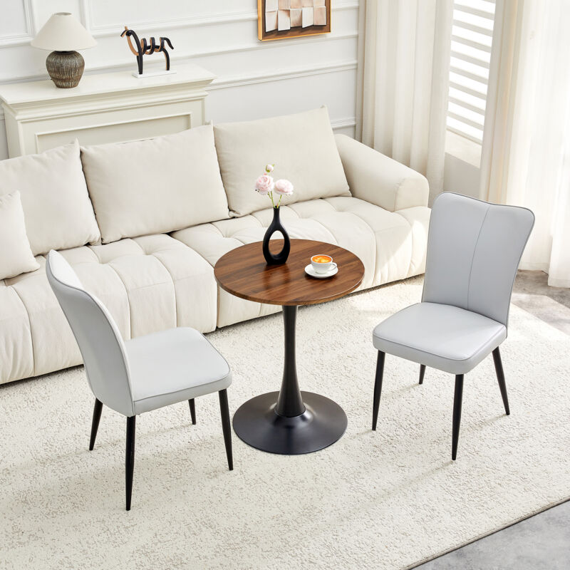Set Da Pranzo Rotondo Mdf E Metallo Noce/nero Con 2 Sedie In Similpelle Grigio Chiaro, Tavolo Ø60x72 Cm