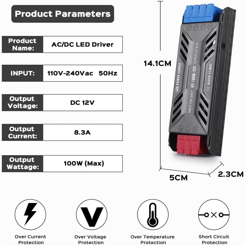 Trasformatore Led 220v 12v Convertitore Dc 100w Driver Led Adattatore Di Alimentazione Ultra Sottile 8,3a, Alimentatore A Bassa Tensione Da 220 V Ca A 12 V Trasformatore Led A Tensione Costante