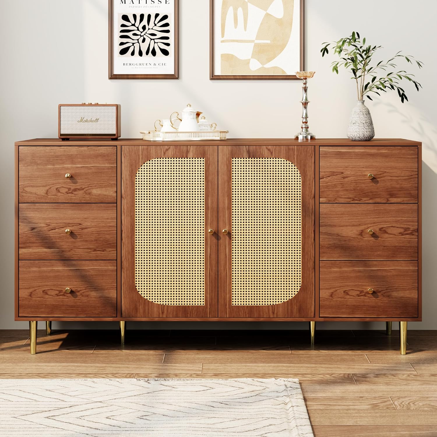 Credenza In Rattan, Mobile Contenitore Con 6 Cassetti, Mobile In Legno Autoportante, Mobile Da Cucina 160 X 40 X 90 Cm, Credenza Moderna Per Soggiorno, Marrone
