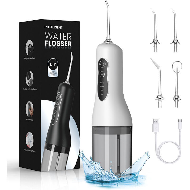 Idropulsore Dentale, Idropulsore Dentale Con 4 Modalità E 4 Ugelli, Idropulsori E Irrigatori, Ricaricabile Tramite Usb E Impermeabile Ipx7, Per Igiene Dentale E Alito Fresco, Bianco