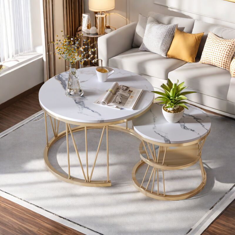 Rosahqnda - Set Di Tavolini Impilabili Moderni, Set Di Tavolini Laterali Da 2 Pezzi, Struttura Dorata, Piano In Finto Marmo, Tavolini Da Caffè Rotondi, Tavolini Laterali Impilabili Per Soggiorno, Ufficio (tipo A)