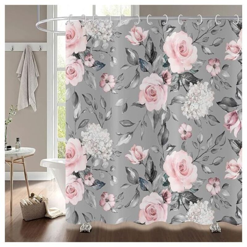 Tenda Da Doccia Kzq Con Fiori 180x200, Elegante Tenda Da Doccia Con Fiori Rosa E Grigi, Motivo Vintage Con Rose Acquerellate, Tenda Da Bagno Impermeabile In Tessuto Di Poliestere, Tenda Da Bagno Lavab