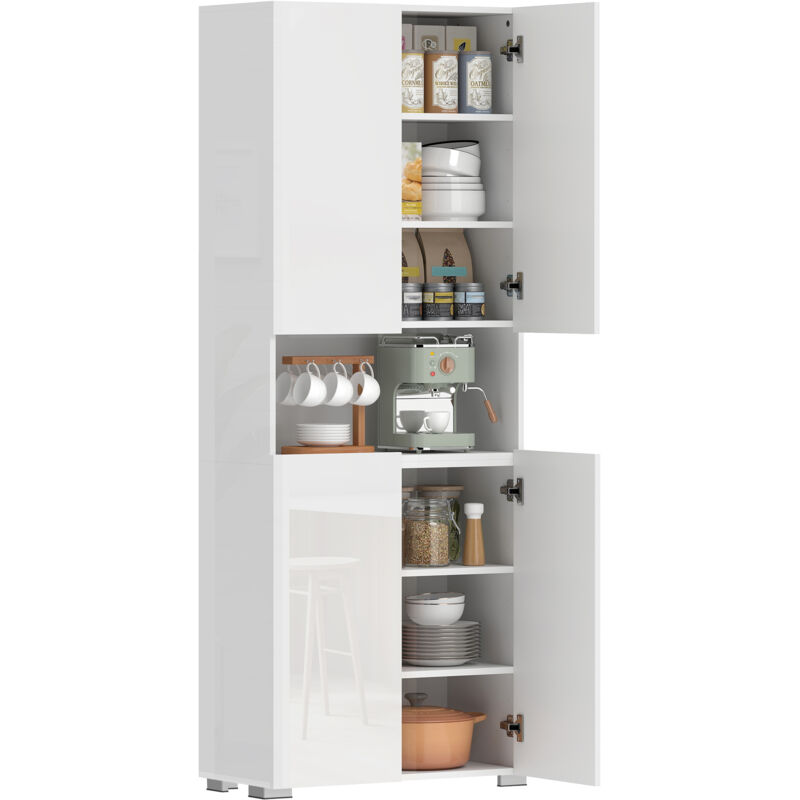 Credenza Da Cucina Alta 180 Cm, Mobile Dispensa Con Ante A Chiusura Ammortizzata, Ripiano A Giorno, 2 Armadietti, Ripiani Regolabili, Mobile Da Cucina Moderno Per Sala Da Pranzo E Soggiorno, Bianco Lu