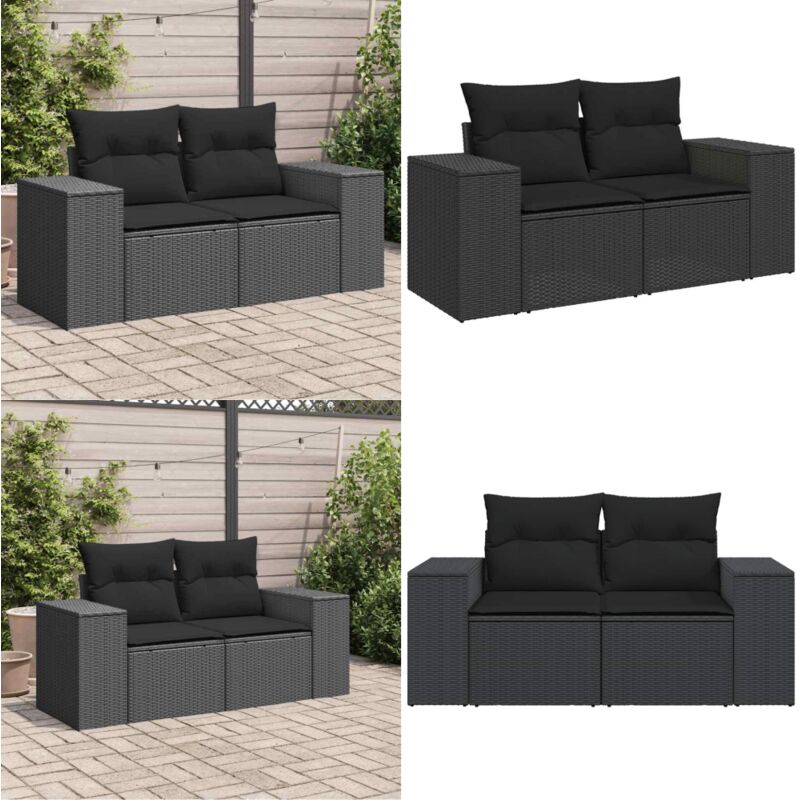 Divano Da Giardino Con Cuscini 2 Posti Nero In Polyrattan - Seduta Esterna - Cuscini Per Divano