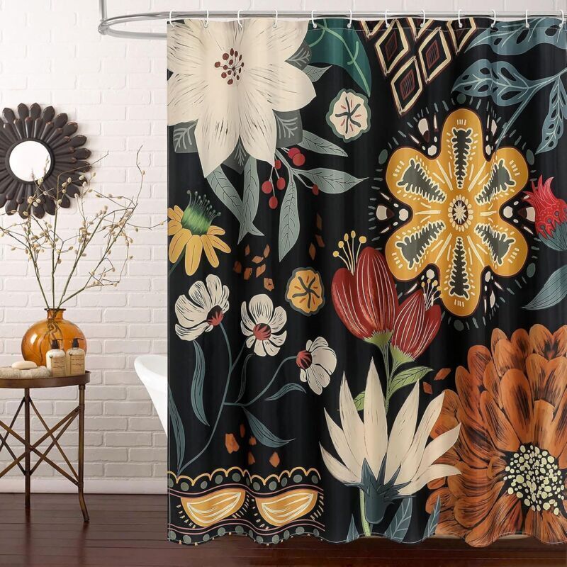 Tenda Da Doccia Floreale Bohémien, Tenda Da Doccia In Tessuto Con Foglie Tropicali Per Una Decorazione Del Bagno Chic Ed Elegante, Moderna Tenda Da Doccia Floreale Astratta E Colorata, 72 X 72
