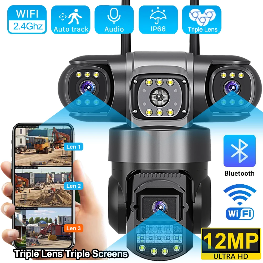 V380 Pro WLAN IP-Kamera für Außenbereich 12MP 6K Dreifach-Objektive Dreifach-Bildschirme Sicherheits-Videomonitor Nachtsicht Wasserdichte CCTV-Kameras Image
