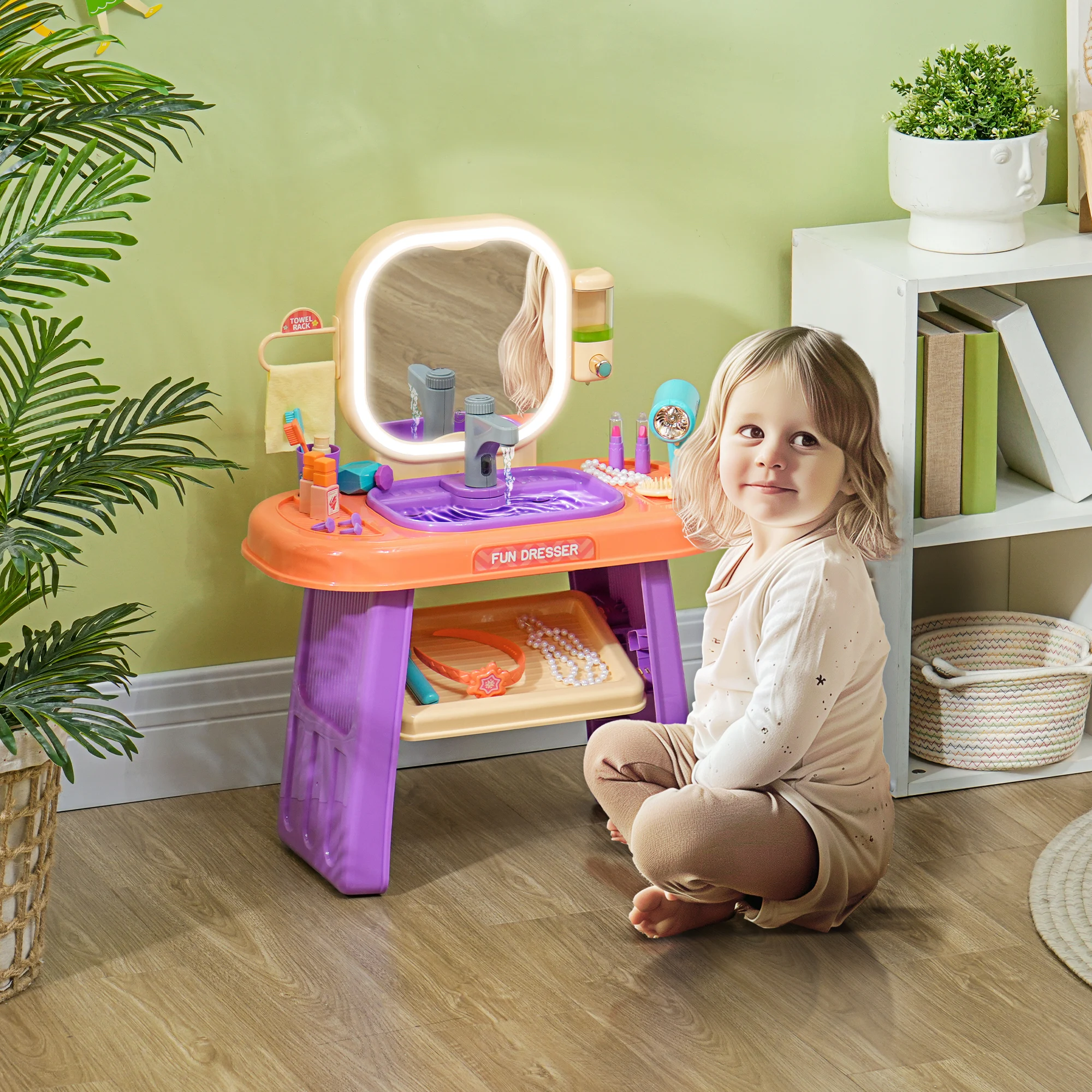 AIYAPLAY Schminktisch Kinder Frisiertisch mit Spiegel, LED Licht, Musik Lila