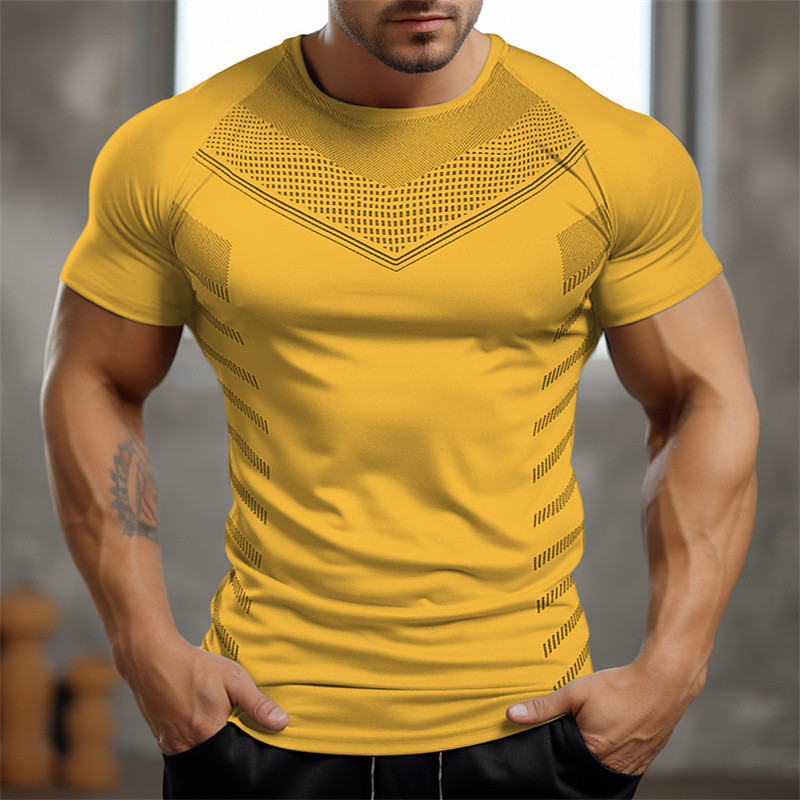 Men's Gym Shirt Sports T-Shirt Crew Neck Short Sleeve Sport Casual Daily Gym Quick dry Breathable Soft Color Block Black Yellow Activewear Polyester Fashion Basic