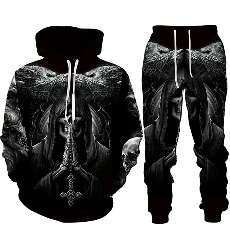 Men's Graphic Skull 2pcs 3D Sweatshirt Sets Tracksuit Hoodies Long Sleeve Long pants Hooded Streetwear Designer Basic Sports Outdoor Casual Sports Print Spring Fall Black Brown Light Grey
