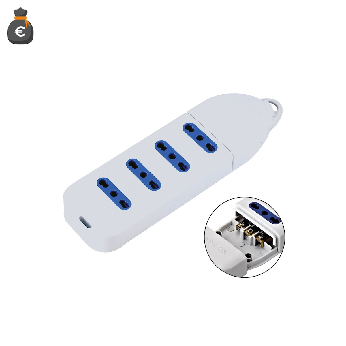 Alcapower 4-fach Steckdose Bipasso 10/16A, Adapter ohne Kabel, Max. Spannung 250V AC, Leistung 2500W, Farbe Weiß, Art. 4P-10/16 Image
