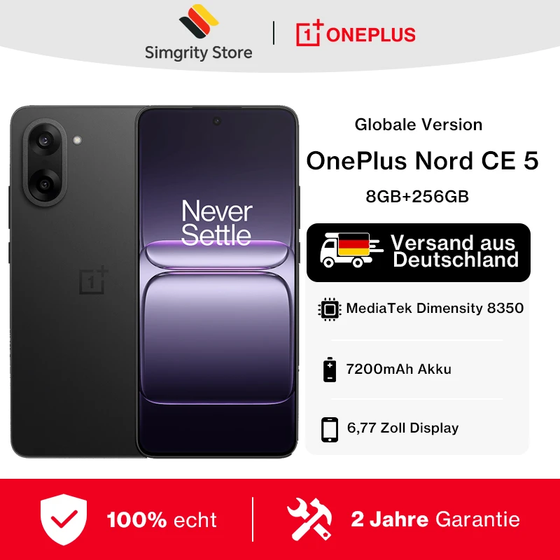 OnePlus Nord CE 5 Smartphone 5G 8 GB + 256 GB, MediaTek Dimensity 8350 Apex, 6,77 Zoll, 120 Hz, Auflösung 2392 × 1080, 7100-mAh-Akku, 80 W SUPERVOOC, 50-MP-Kamera, EIS/OIS, Android 15, WiFi 6, Bluetooth 5.4, Navic/GPS/GLONASS/BDS/Galileo/QZSS Image