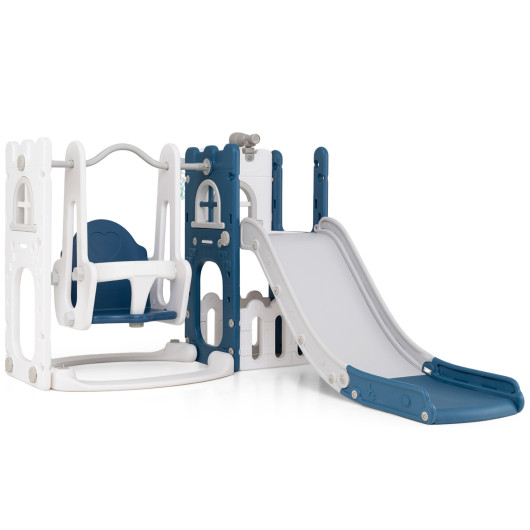 Costway 7-in-1 Toddler Swing and Slide Set L-shaped with Ladder and Basketball Hoop-Blue