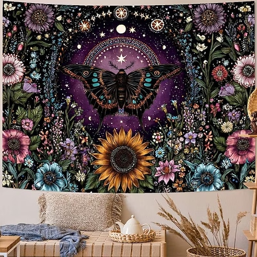 Wandteppich mit Schmetterlings- und Blumenmuster, Vintage-Wandbehang mit Motten, Sonnenblumen und Himmelsmotiven für Schlafzimmer und Wohnzimmer im Boho-Stil Image