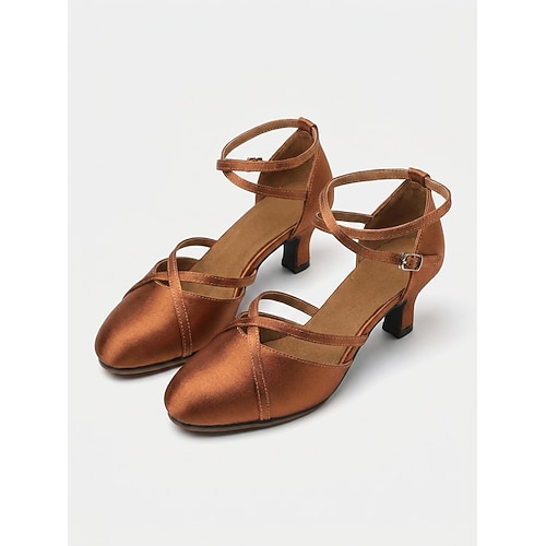 Damen-Pumps im Gatsby-Stil der 1920er Jahre aus braunem Satin – Vintage-Mary-Jane-Tanzschuhe im Flapper-Stil mit gekreuztem Knöchelriemen für Partys der Goldenen Zwanziger, Jazz, Swing und Ballsaal Image