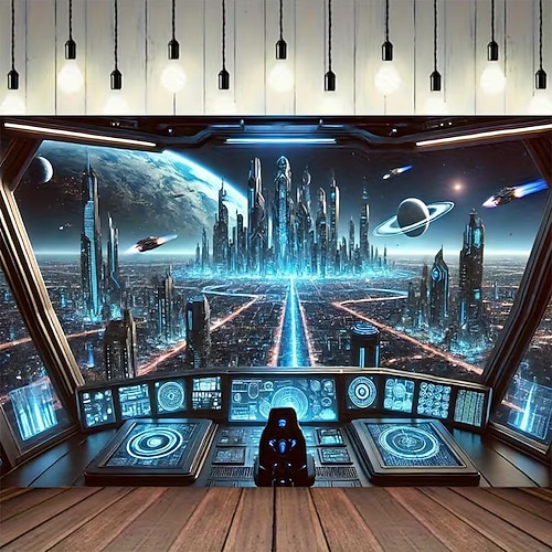 Wandteppich mit futuristischem Stadt- und Weltraummotiv, Wandbehang mit Blick aus dem Fenster eines Raumschiffs im Sci-Fi-Stil für Schlaf- und Wohnzimmerdekoration Image