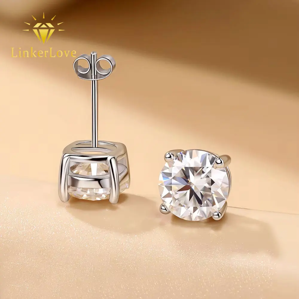 LinkerLove S925 Silber Vergoldete 1/2/3CT Moissanit Solitär-Ohrstecker Trendiger Schmuck Geschenk für Sie Damen Diamant-Ohrringe Image
