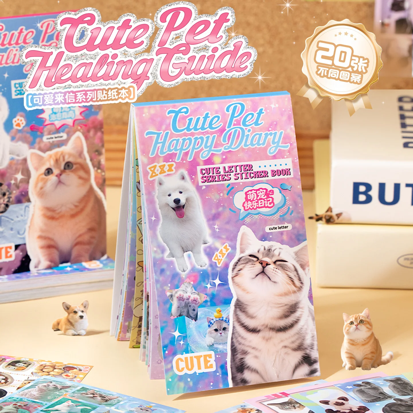 20 Stück beschichtete Papieraufkleber – niedliche Aufkleber im Katzen- und Hundefoto-Stil für Tagebuch und Scrapbook Image