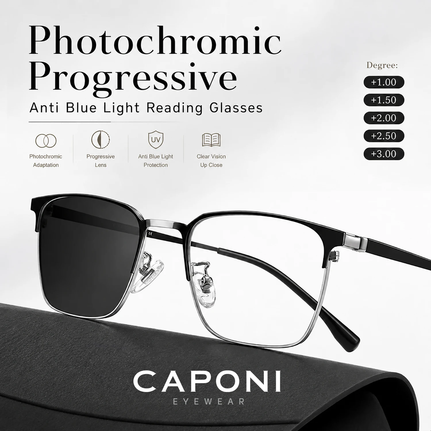 CAPONI Progressive Multifokal-Brille für Herren, reines Titan, Anti-Blaulicht-Lesebrille, Dioptrien von +0 bis +3,0, Brille LH18999 Image