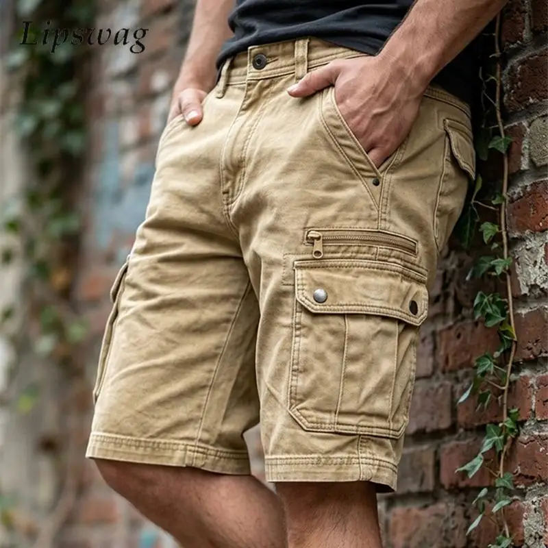 Modische Herren Einfarbige Cargo-Shorts Streetwear Lässige Mehrtaschen-Shorts Lose Gerade Shorts für Herren Frühling Sommer Vintage-Shorts