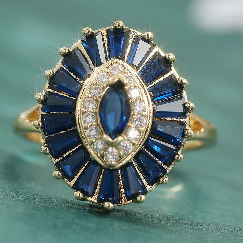 Luxuriöser, eleganter Micro-Pavé-Ring mit synthetischem blauem Zirkonia für Damen, kreatives ovales Design, modischer Ring, Trendschmuck Image