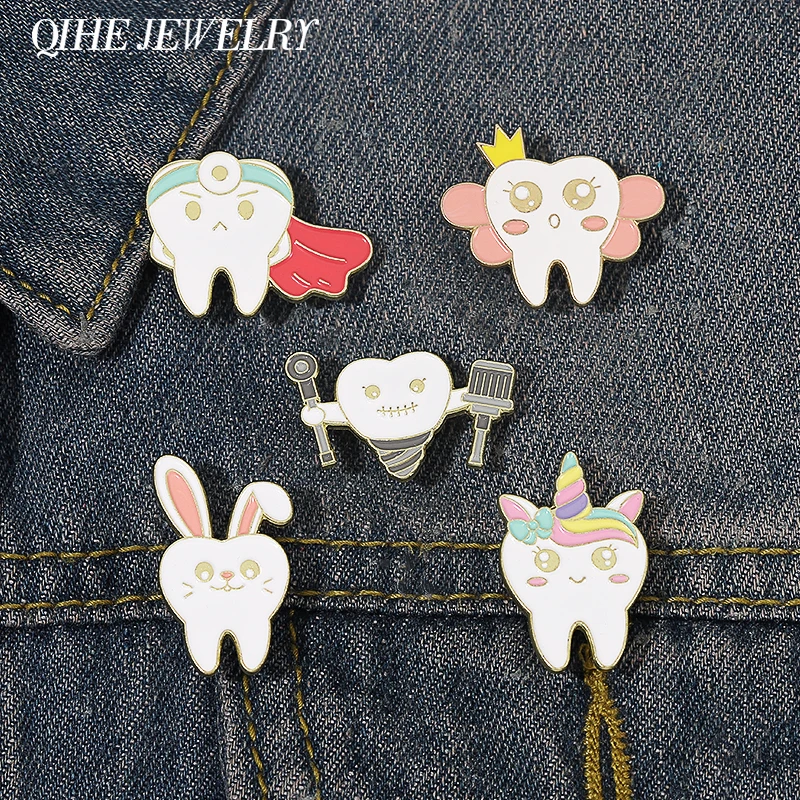Schöne Zahn Emaille Pin Kaninchen Tier Zahnarzt Brosche Abzeichen Metall Zubehör Revers Pin Rucksack Hut Geschenk Arzt Krankenschwester Schmuck Image