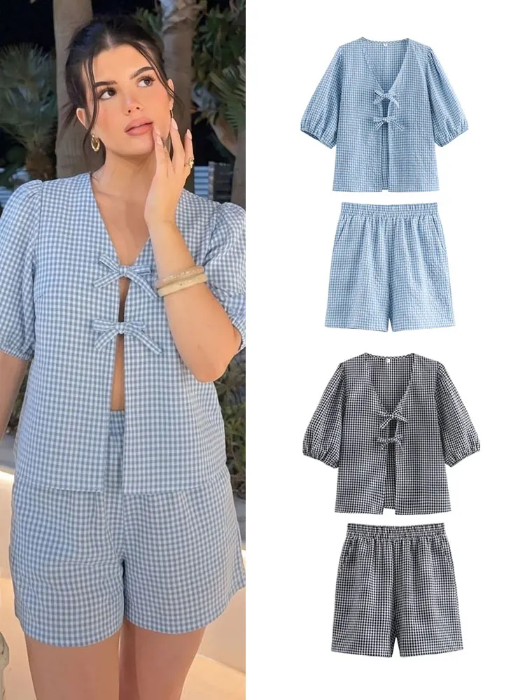 HH Elegantes Damen-Set mit Karomuster, 2-teilig, Schleifen-Schnürhemd mit kurzen Ärmeln, Shorts mit elastischem Bund für Sommer, Freizeit, Strandurlaub, Outfits Image