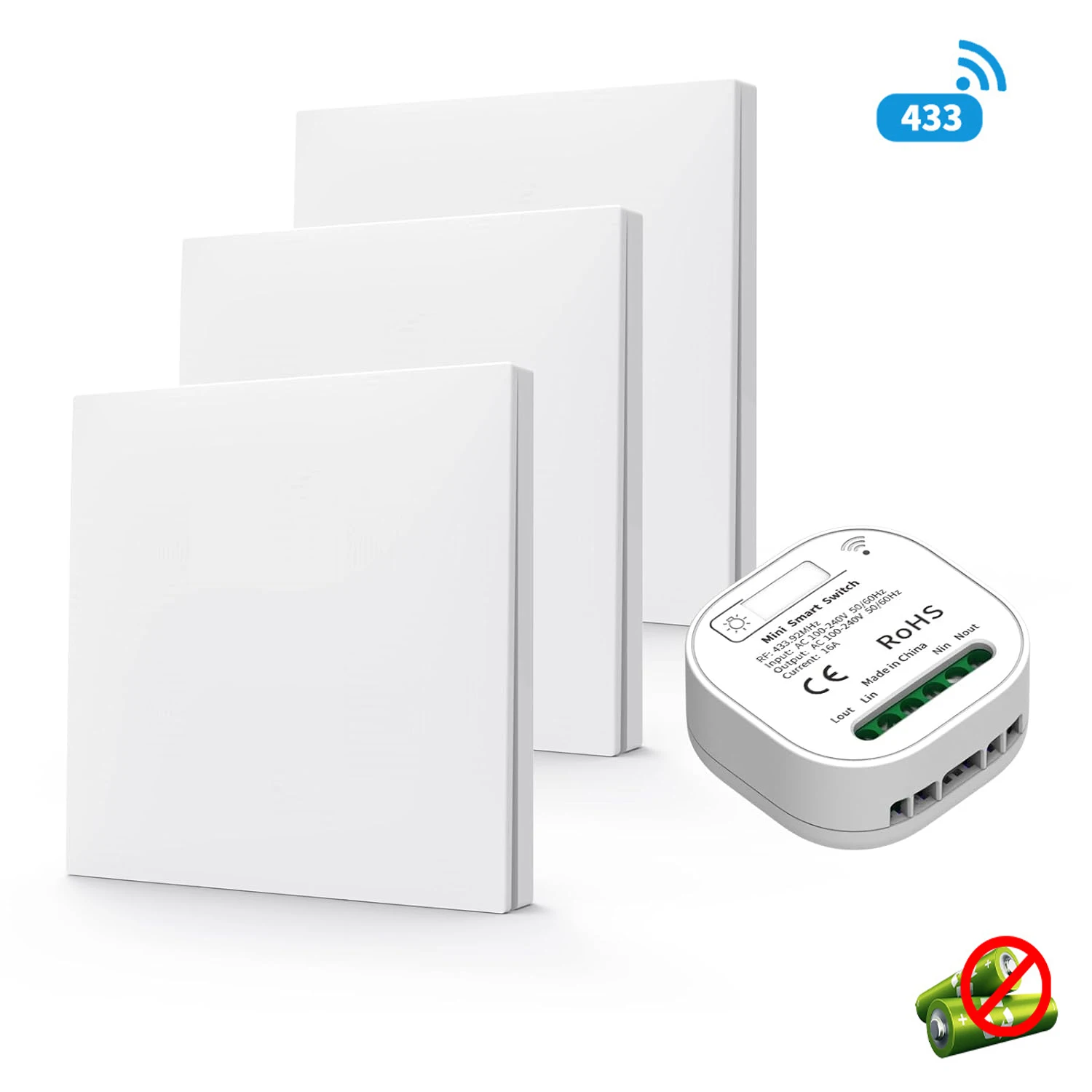 230V Funk-Lichtschalter-Set, mit Empfänger, batterielos, 10 Ampere, RF433 Funk-Schalterfunktion