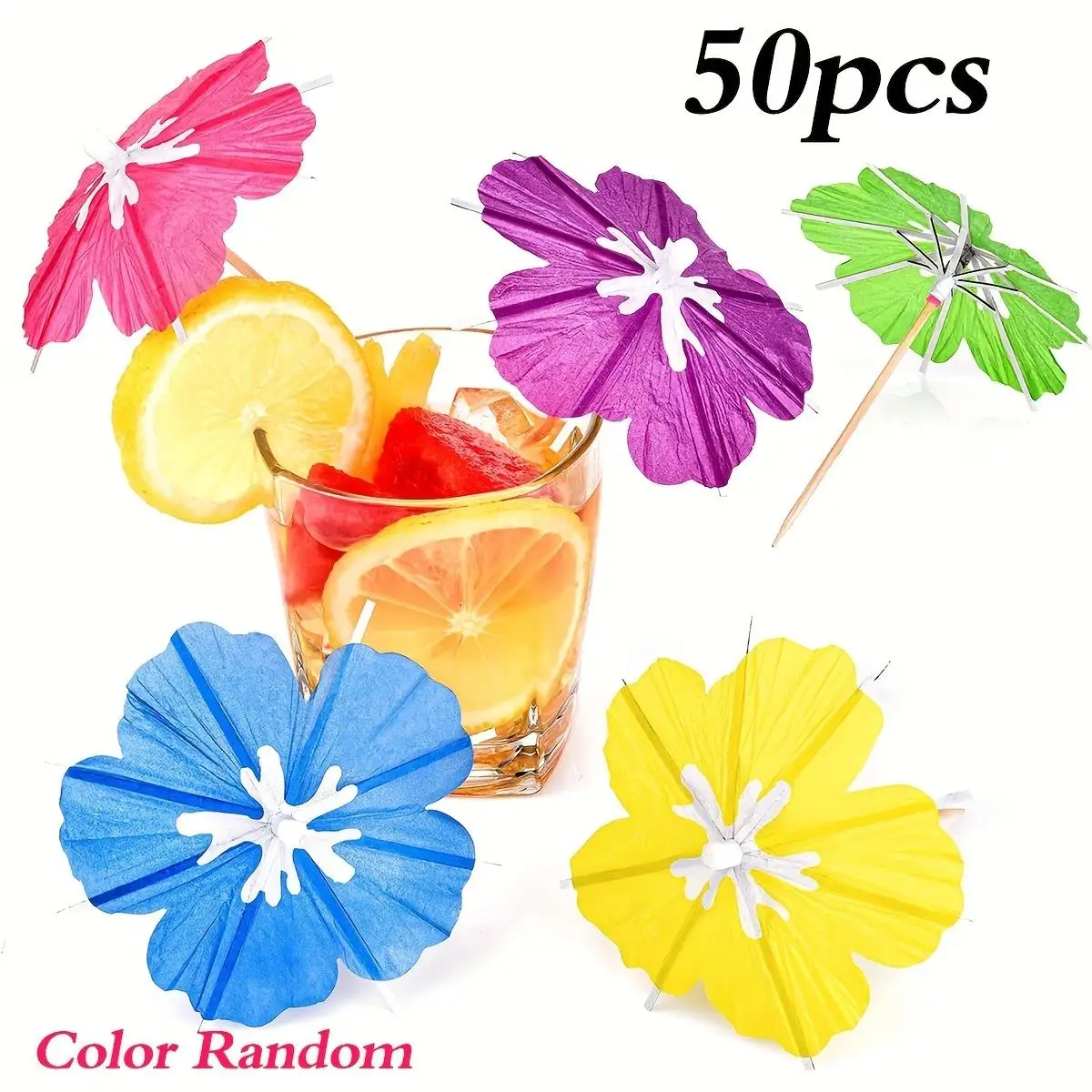 Tropische Blumen-Schirm-Cocktailspieße für Hochzeiten, Sommer, hawaiianische Geburtstagsfeiern, Dekoration, Cupcake-Topper, Lebensmittel- und Obstspieße Image