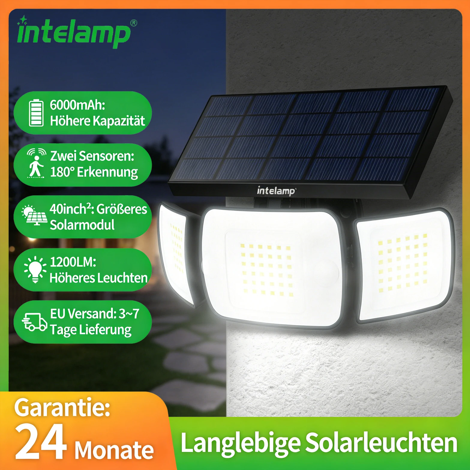 Intelamp Solar-Strahler 6000mAh Große Batterie IP65 Mit 3 Modi Doppelter Bewegungssensor 6500K Solar-Flutlichter für Garten Garage solarleuchte außenbereich solarlampe für außen solar led licht