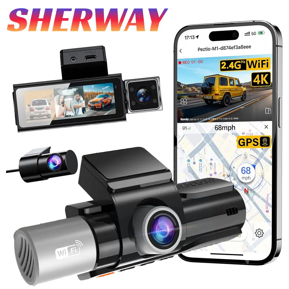 3-Kanal-Dashcam Vorne Hinten Innen 3-in-1 HD Dreifach-Linsen-DVR mit WLAN GPS 24H Parküberwachung IR-Nachtsicht 4K Auto-DVR Image