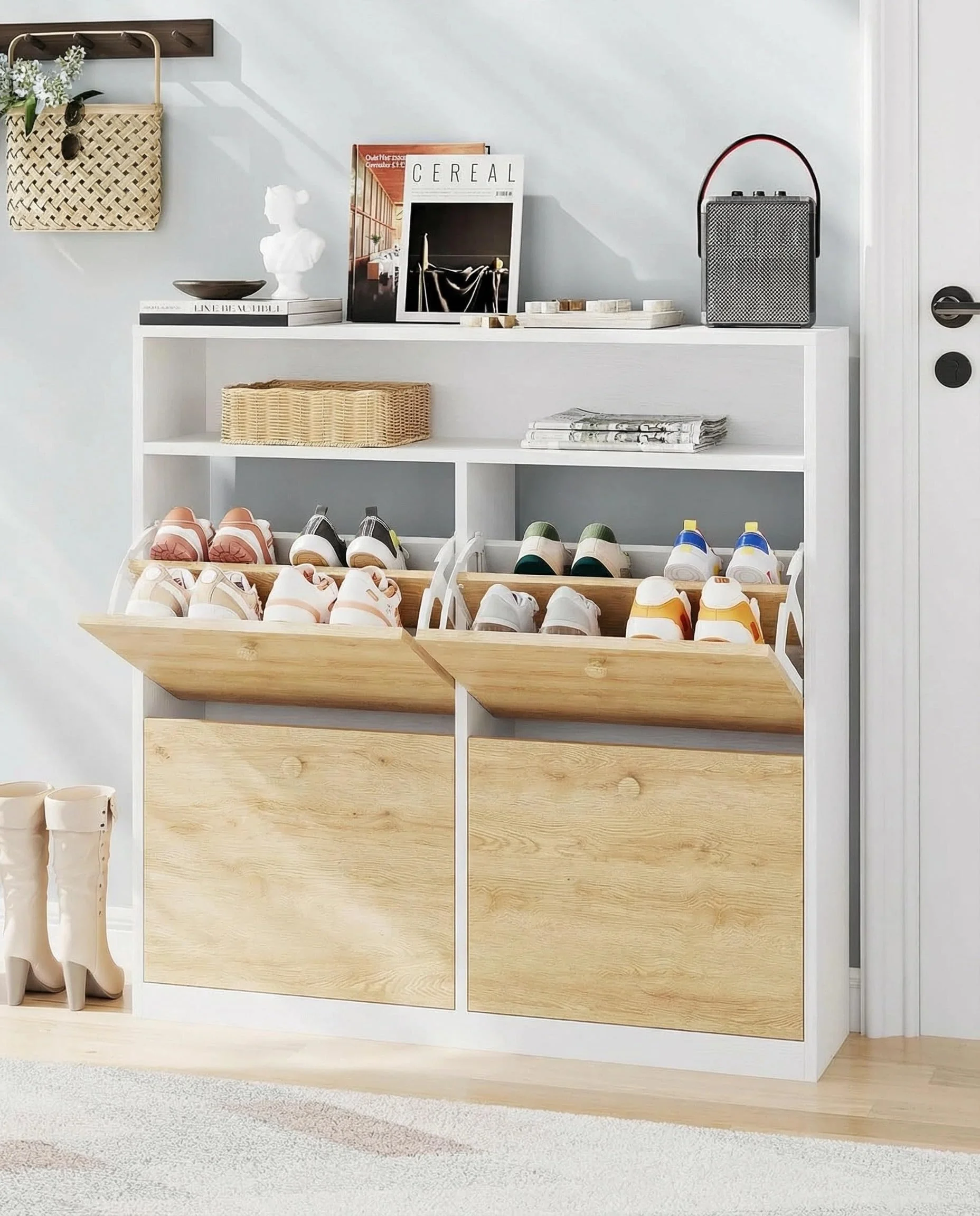 Garvee Schmale Schuhablage mit 4 Kippschubladen und offenem Fach – Holzschuh-Organizer mit Regalen für Hausschuhe, Turnschuhe, Absätze, Stiefel – Für Eingang, Flur, Diele Image